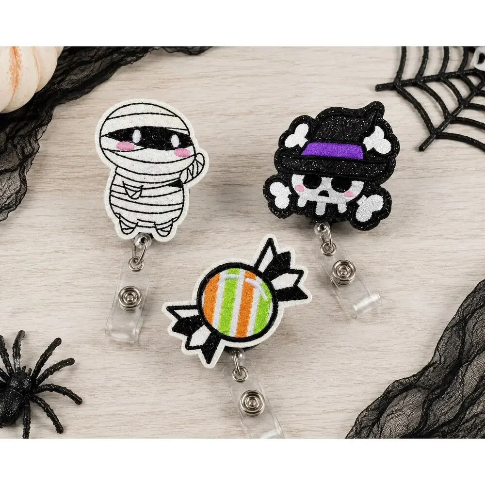 3 Pc Halloween Retractable Badge Reel Set Mummy Skull Candy Glitter Embroider
